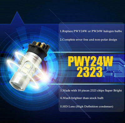 Комплект от 2 броя LED крушки PW24W / PWY24W – 2323 SMD бяла светлина 6000K 360° 12–30V, Canbus без грешки