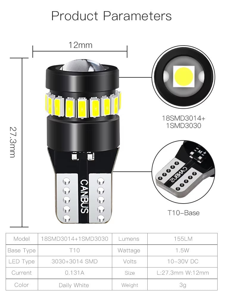 Комплект от 2 броя LED Лед Диодни Крушки За Габарит T10 W5W – 3030 + 3014 SMD, студено бяла светлина 6000K, 12–24V, CANBUS без грешки