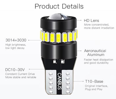 Комплект от 2 броя LED Лед Диодни Крушки За Габарит T10 W5W – 3030 + 3014 SMD, студено бяла светлина 6000K, 12–24V, CANBUS без грешки