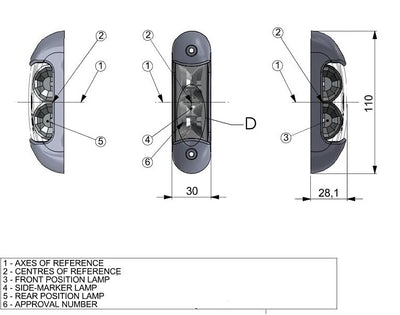 Опушен LED габарит, токос, 12V-24V, бяла, червена и оранжева светлина - за ремаркета, платформи, камиони и др.