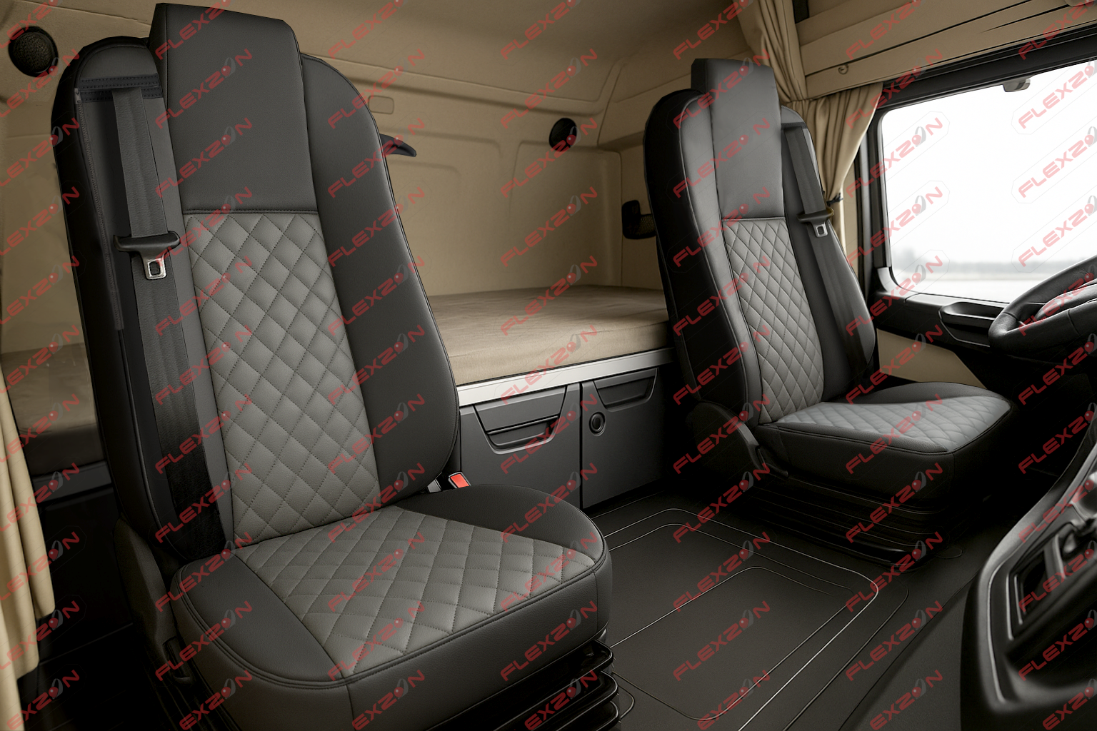 Комплект 1+1 тапицерия от еко кожа за MERCEDES ACTROS MP4 EURO 6 2015-2021 - сиво-черно