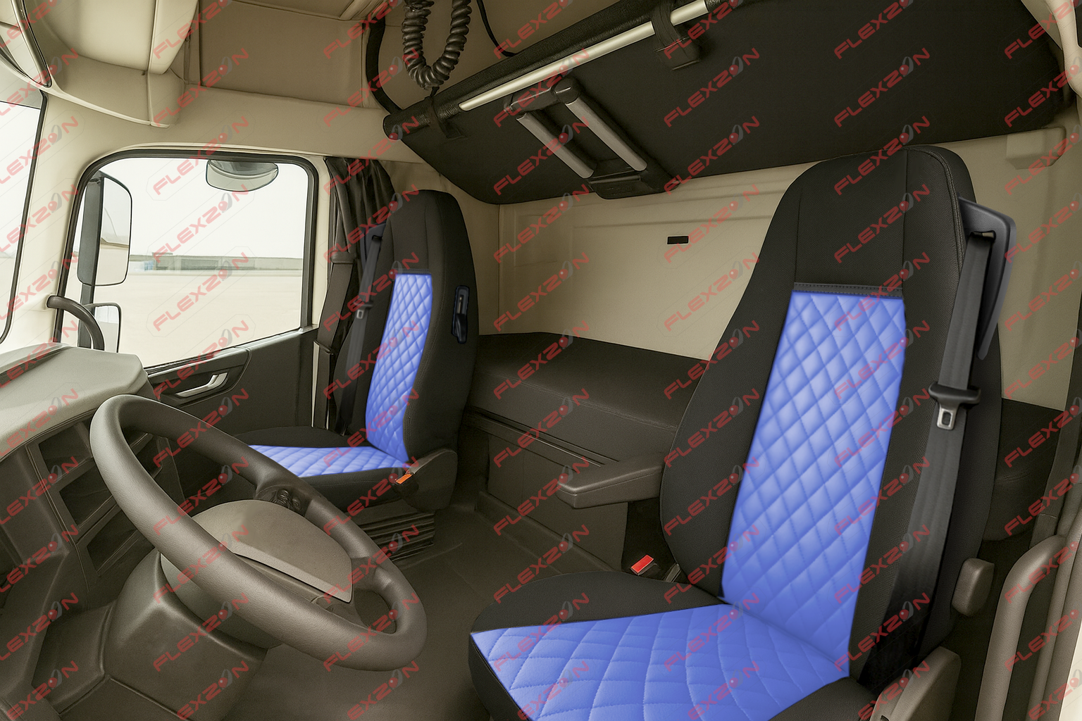 Комплект 1+1 тапицерия от еко кожа за VOLVO FH EURO 6 2016-2020 - синьо-черно