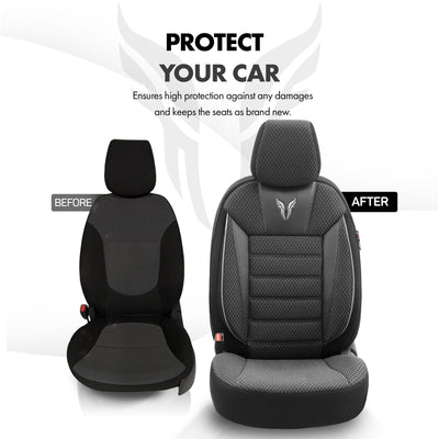 Комплект Луксозна Тапицерия OTOM текстил с еко кожа TORO Design – Черна със сив шев, за Предни и Задни Седалки