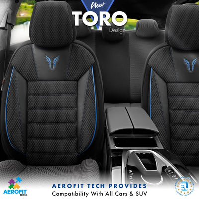 Комплект Луксозна Тапицерия OTOM текстил с еко кожа TORO Design – Черна със син шев, за Предни и Задни Седалки