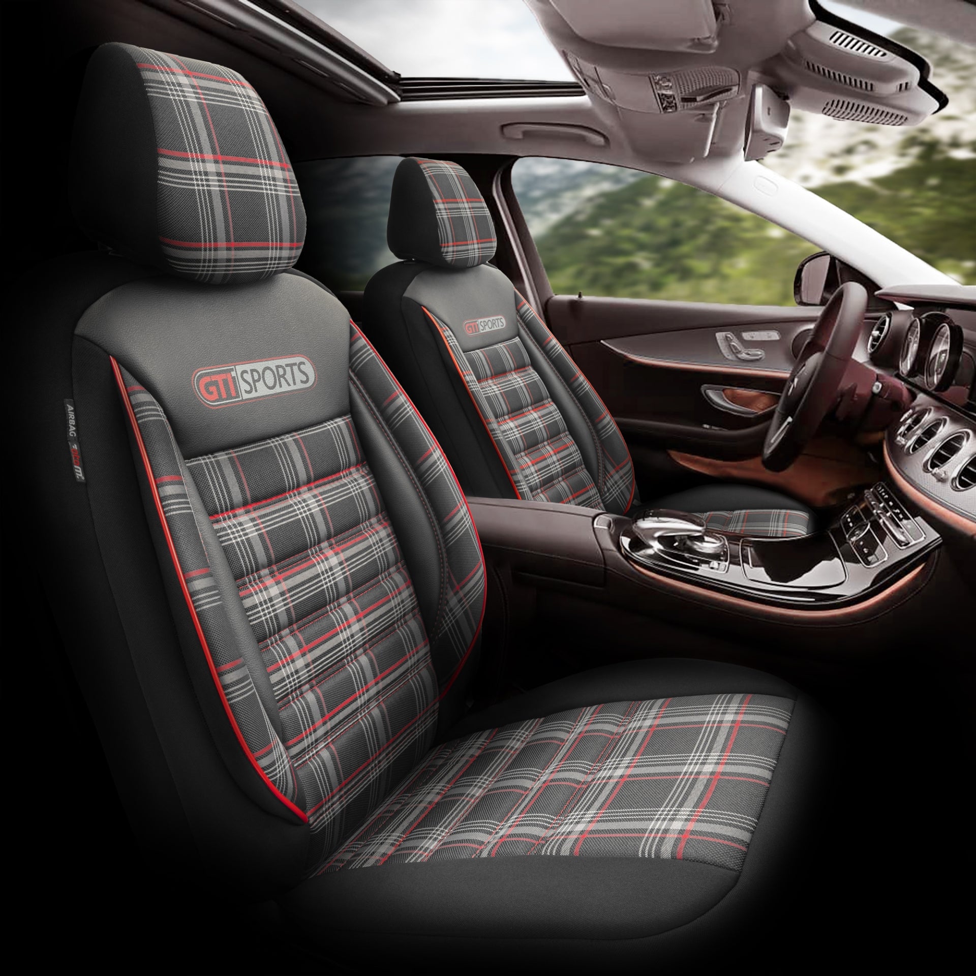 Комплект Луксозна Тапицерия OTOM текстил с еко кожа GTI SPORTS Design – Черна с червен шев, за Предни и Задни Седалки