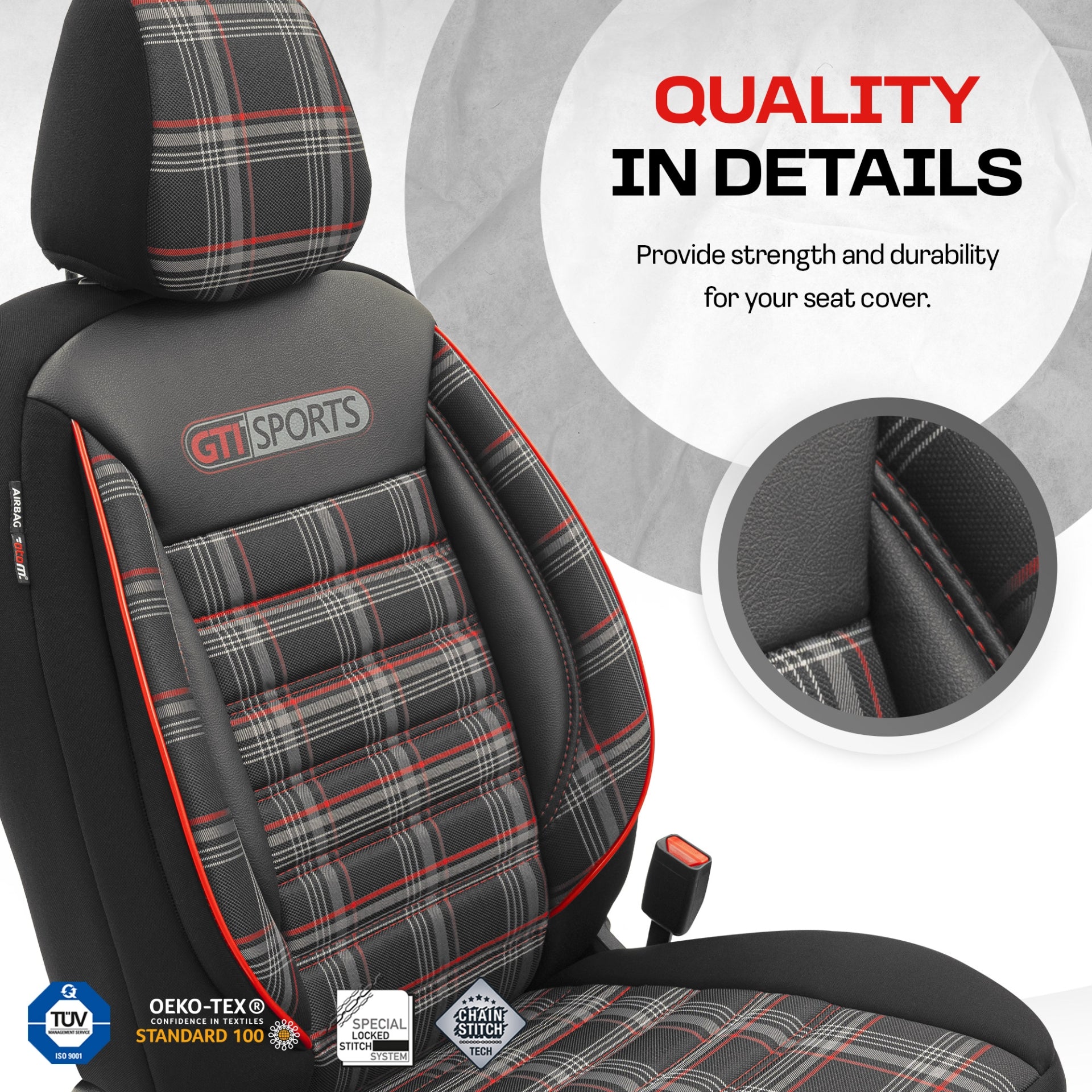 Комплект Луксозна Тапицерия OTOM текстил с еко кожа GTI SPORTS Design – Черна с червен шев, за Предни и Задни Седалки