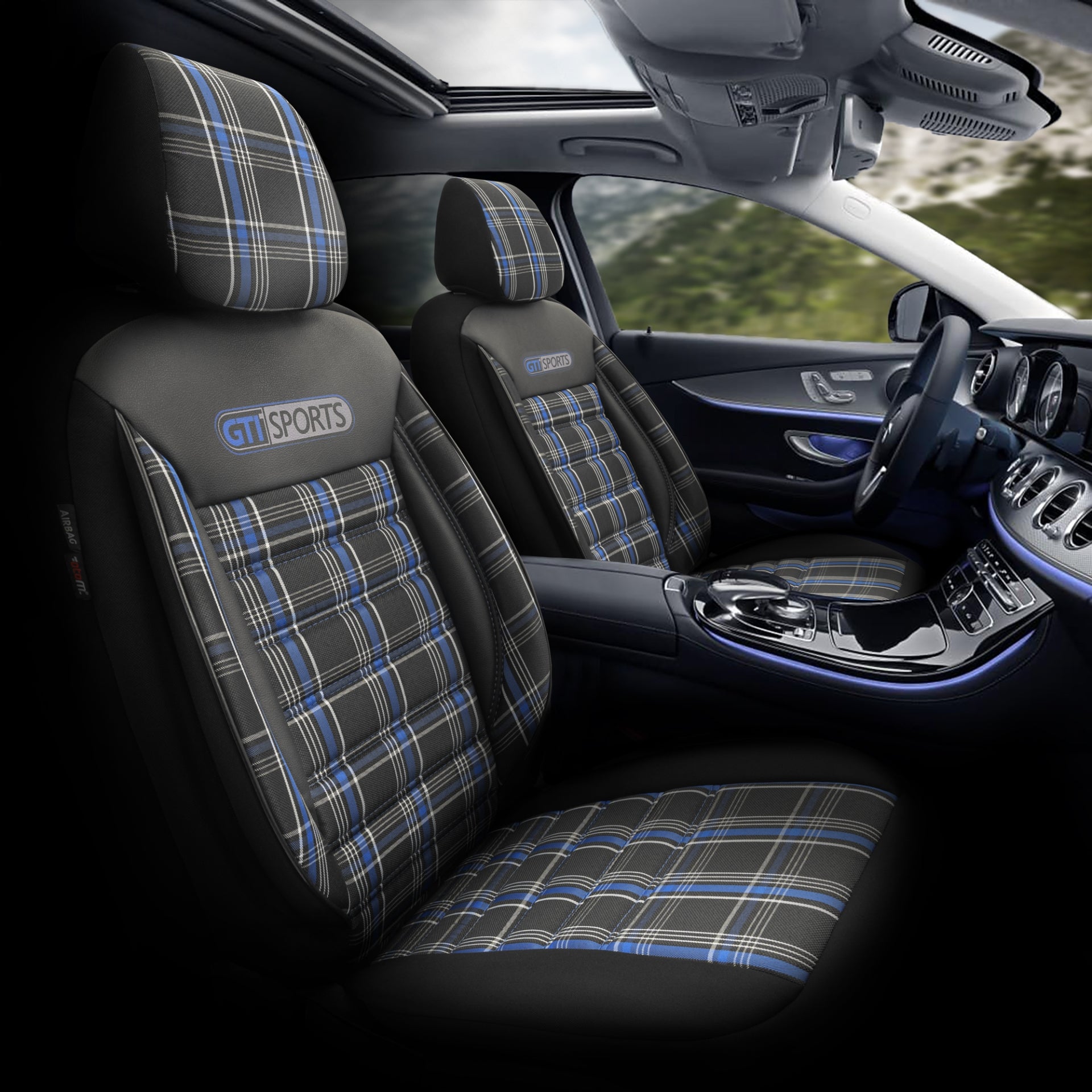 Комплект Луксозна Тапицерия OTOM текстил с еко кожа GTI SPORTS Design – Черна със син шев, за Предни и Задни Седалки