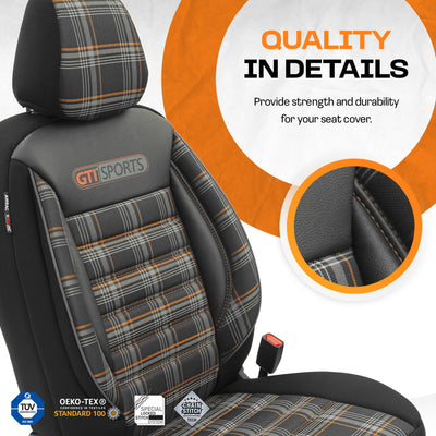 Комплект Луксозна Тапицерия OTOM текстил с еко кожа GTI SPORTS Design – Черна с оранжев шев, за Предни и Задни Седалки