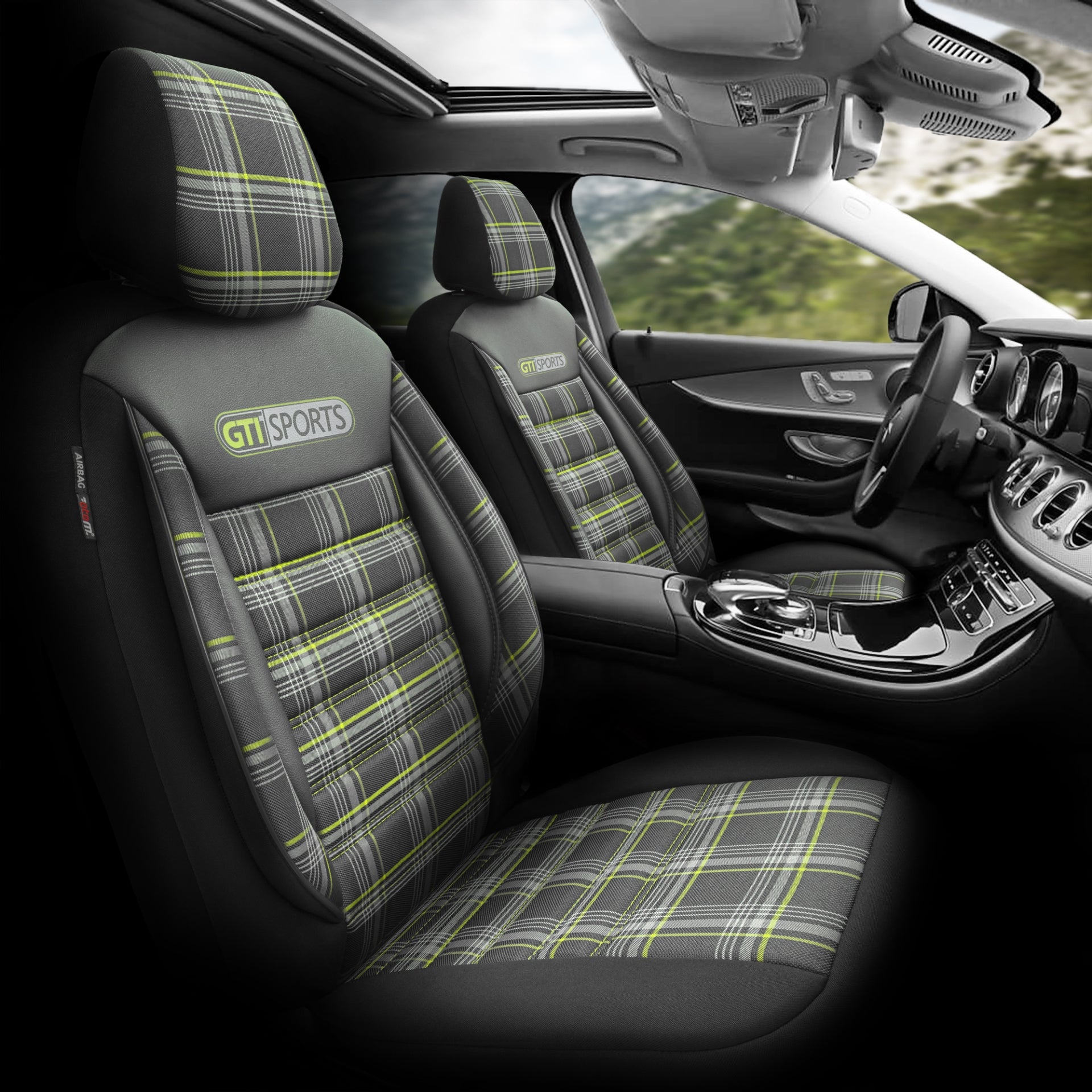 Комплект Луксозна Тапицерия OTOM текстил с еко кожа GTI SPORTS Design – Черна със зелен шев, за Предни и Задни Седалки