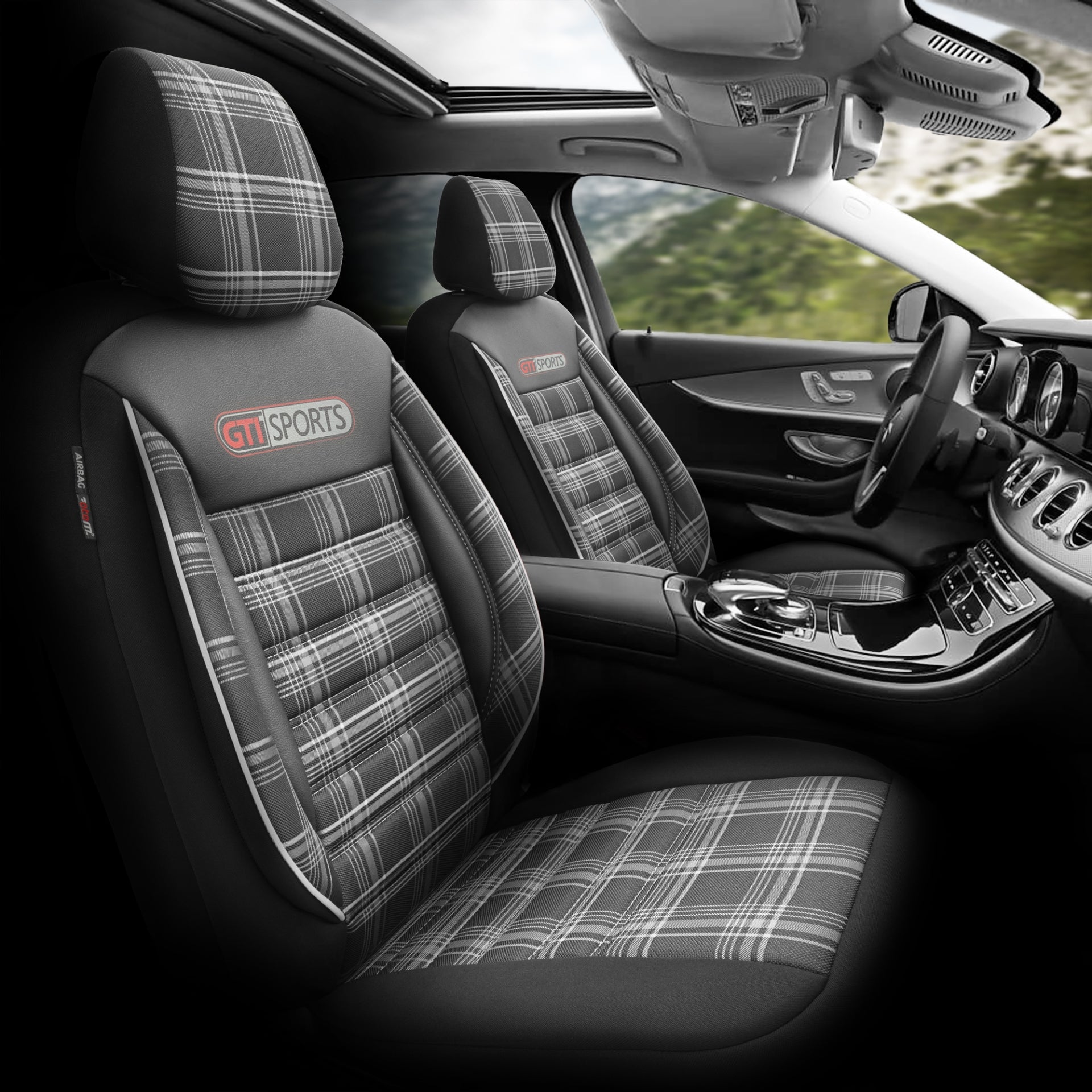 Комплект Луксозна Тапицерия OTOM текстил с еко кожа GTI SPORTS Design – Черна с бял шев, за Предни и Задни Седалки