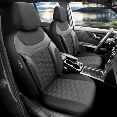 Комплект Луксозна Тапицерия OTOM текстил с еко кожа CARBON Design – Черна със сив шев, за Предни и Задни Седалки