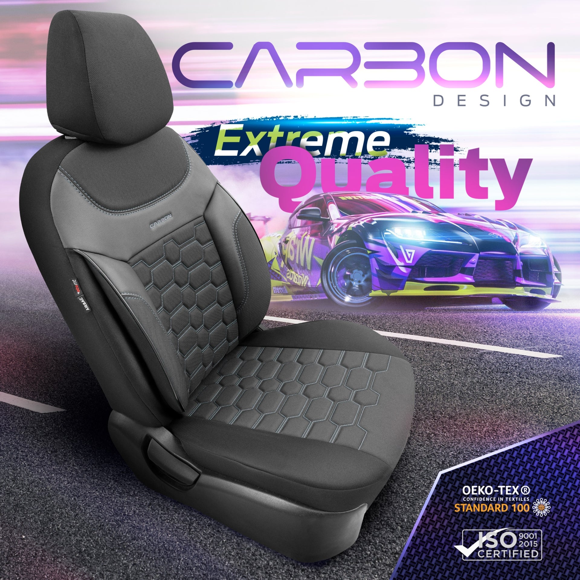 Комплект Луксозна Тапицерия OTOM текстил с еко кожа CARBON Design – Черна със сив шев, за Предни и Задни Седалки