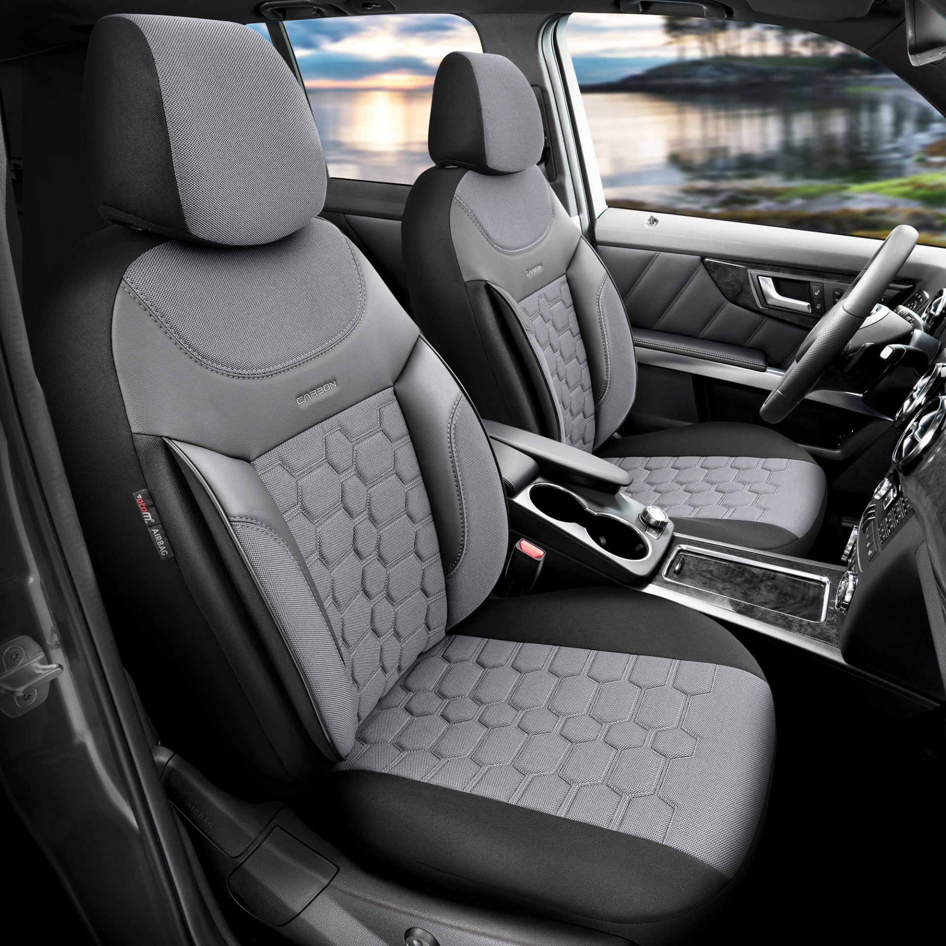 Комплект Луксозна Тапицерия OTOM текстил с еко кожа CARBON Design – Сива със сив шев, за Предни и Задни Седалки