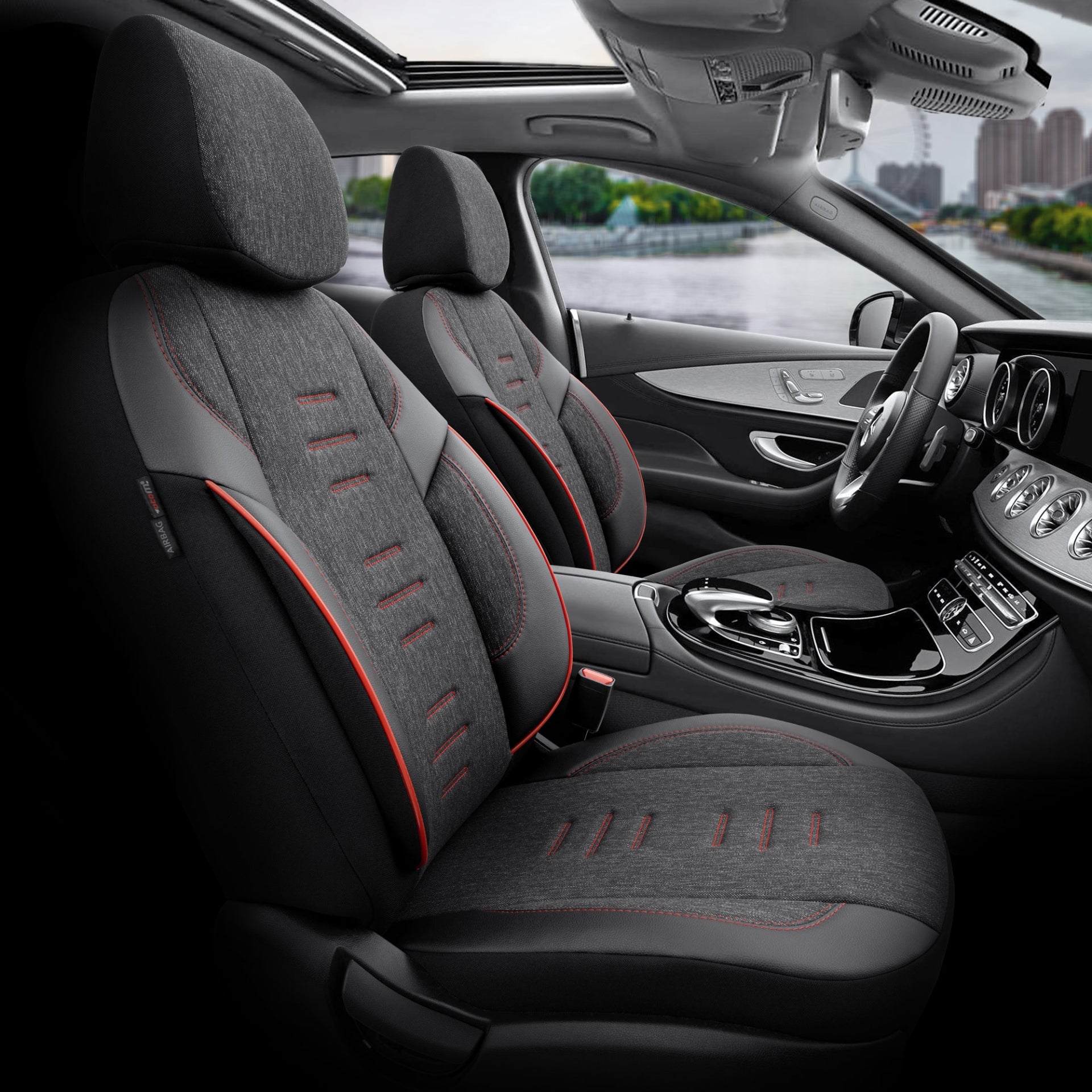 Комплект Луксозна Тапицерия OTOM текстил с еко кожа THRONE Design – Черна с червен шев, за Предни и Задни Седалки