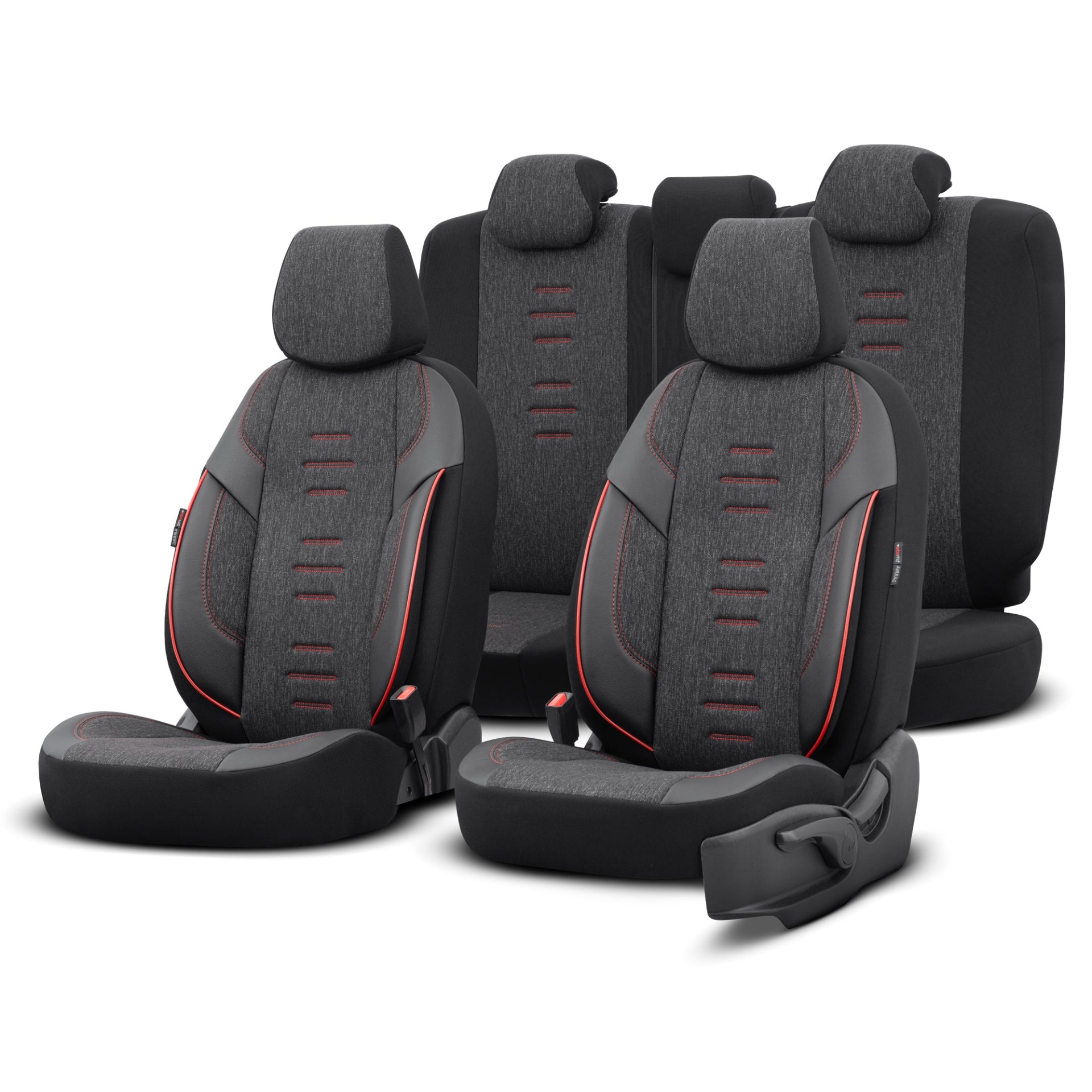 Комплект Луксозна Тапицерия OTOM текстил с еко кожа THRONE Design – Черна с червен шев, за Предни и Задни Седалки