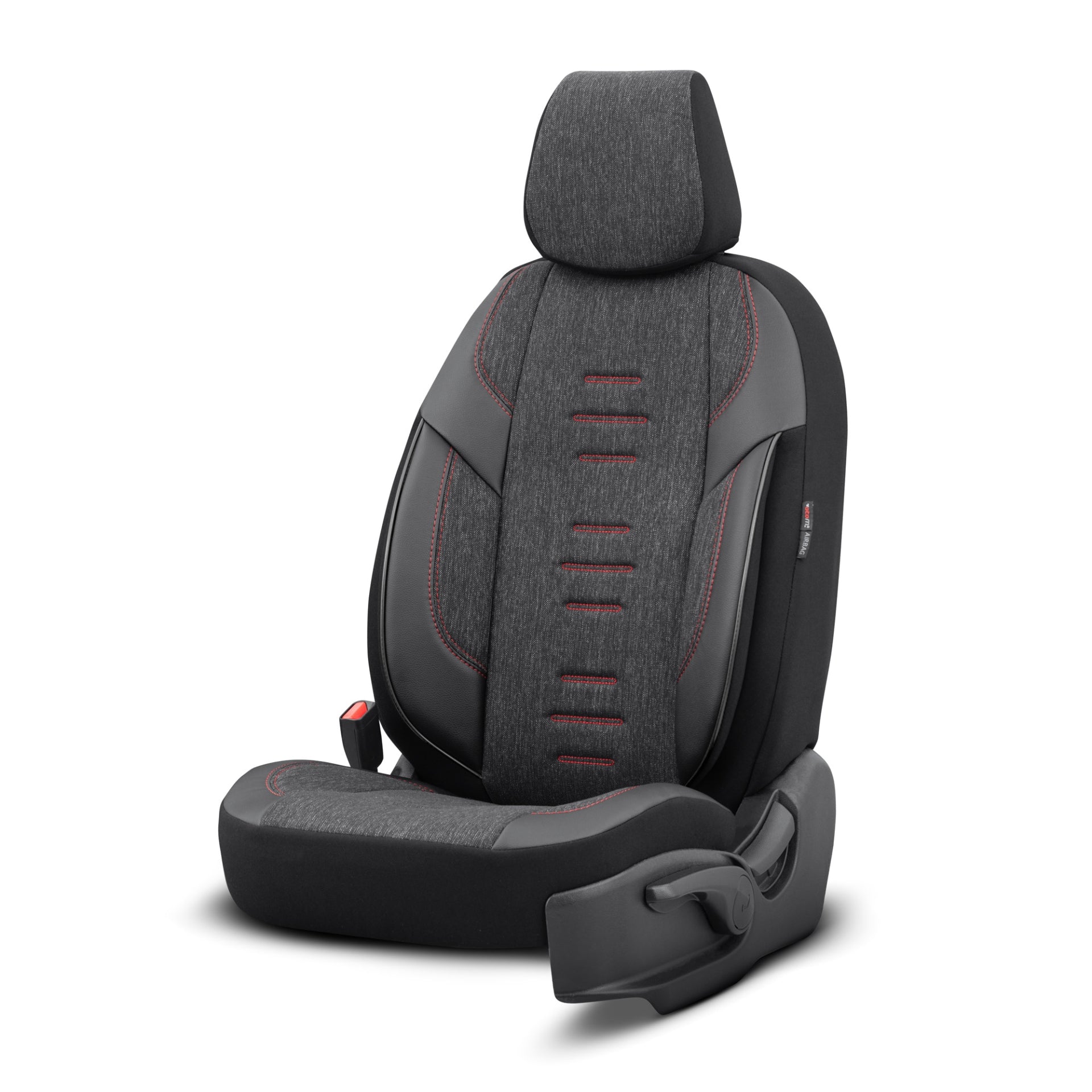 Комплект Луксозна Тапицерия OTOM текстил с еко кожа THRONE Design – Черна с червен шев, за Предни и Задни Седалки