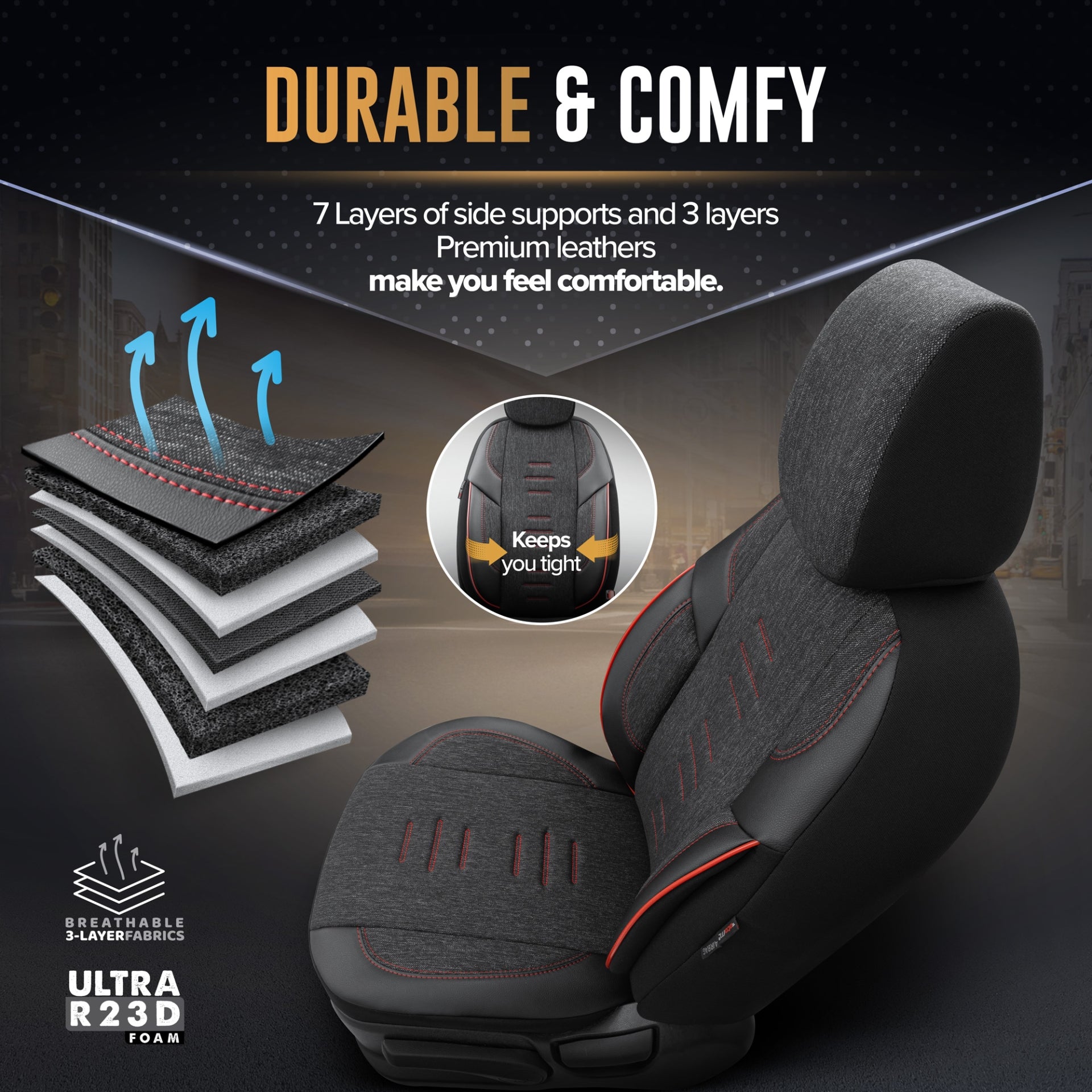 Комплект Луксозна Тапицерия OTOM текстил с еко кожа THRONE Design – Черна с червен шев, за Предни и Задни Седалки