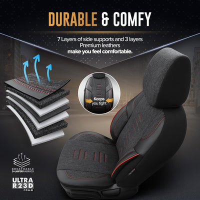 Комплект Луксозна Тапицерия OTOM текстил с еко кожа THRONE Design – Черна с червен шев, за Предни и Задни Седалки
