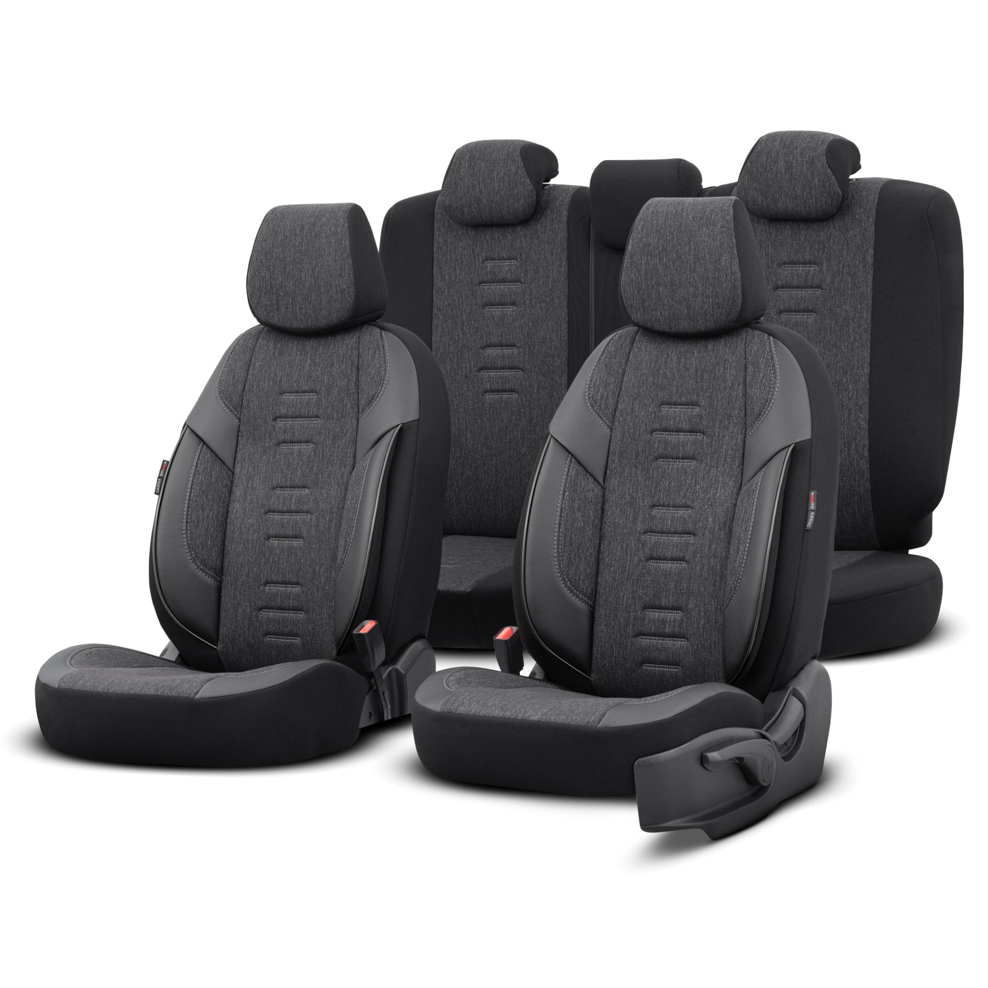Комплект Луксозна Тапицерия OTOM текстил с еко кожа THRONE Design – Черна със сив шев, за Предни и Задни Седалки