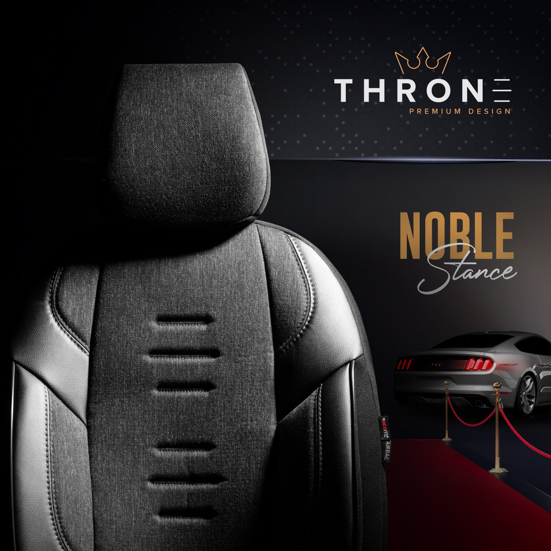 Комплект Луксозна Тапицерия OTOM текстил с еко кожа THRONE Design – Черна със сив шев, за Предни и Задни Седалки
