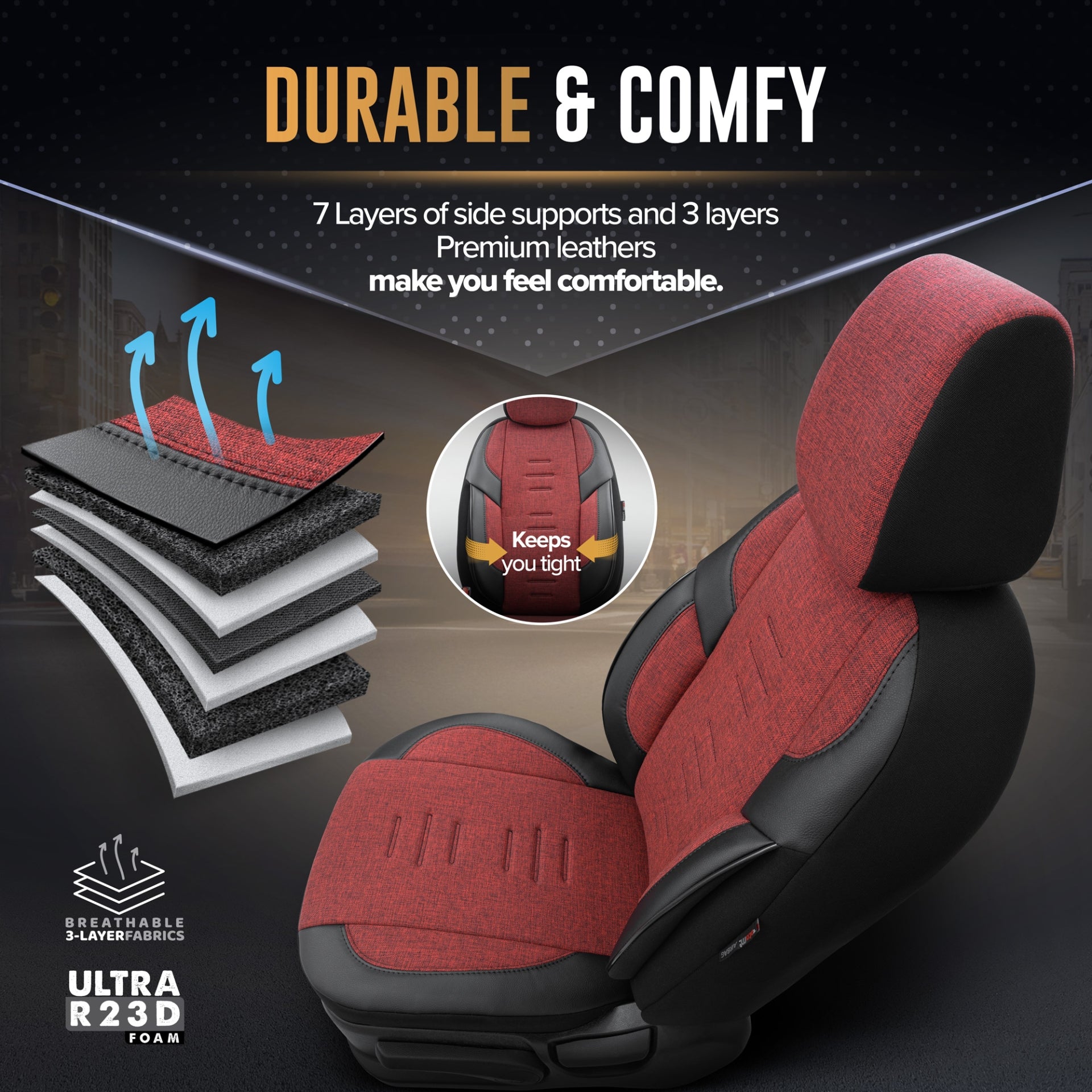 Комплект Луксозна Тапицерия OTOM текстил с еко кожа THRONE Design – Червено-Черна с черен шев, за Предни и Задни Седалки