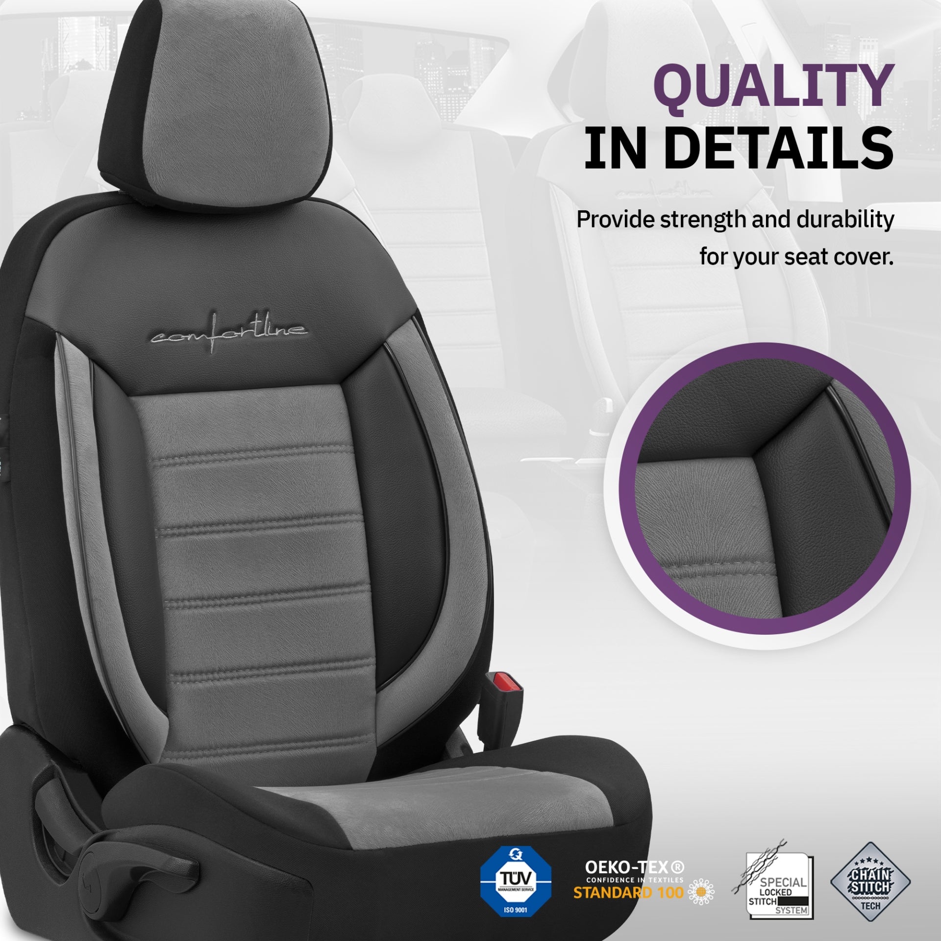 Комплект Луксозна Тапицерия OTOM текстил с еко кожа COMFORT LINE Design – Сиво-Черна със сив шев, за Предни и Задни Седалки