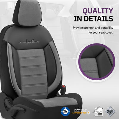 Комплект Луксозна Тапицерия OTOM текстил с еко кожа COMFORT LINE Design – Сиво-Черна със сив шев, за Предни и Задни Седалки