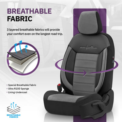 Комплект Луксозна Тапицерия OTOM текстил с еко кожа COMFORT LINE Design – Сиво-Черна със сив шев, за Предни и Задни Седалки