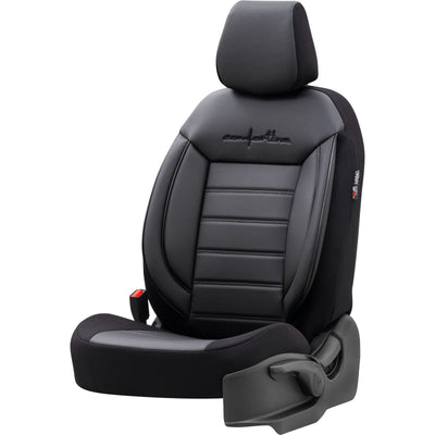 Комплект Луксозна Тапицерия OTOM текстил с еко кожа COMFORT LINE Design – Черна с черен шев, за Предни и Задни Седалки