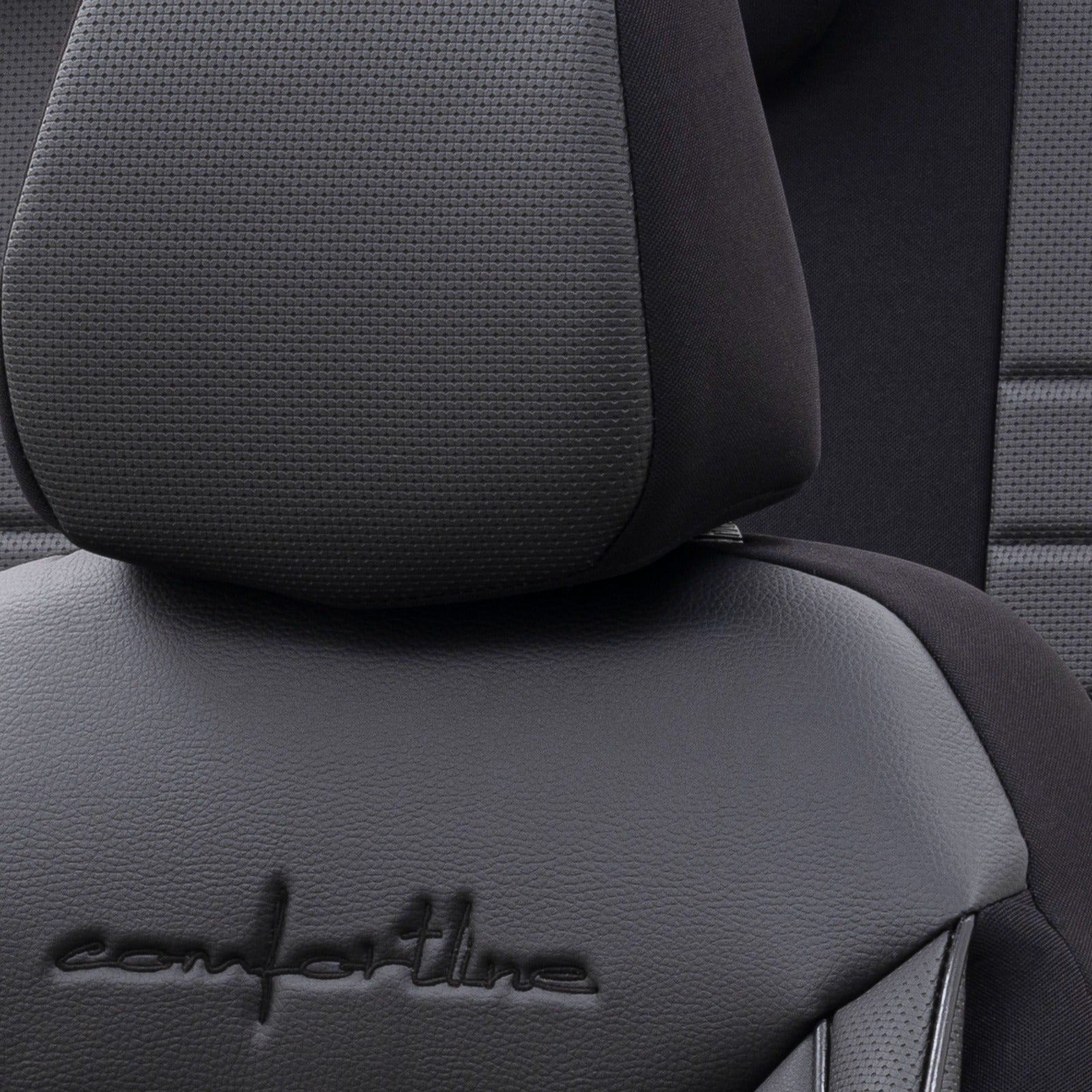 Комплект Луксозна Тапицерия OTOM текстил с еко кожа COMFORT LINE Design – Черна с черен шев, за Предни и Задни Седалки