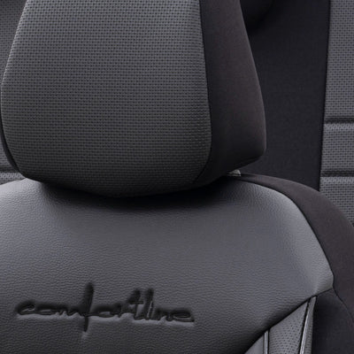 Комплект Луксозна Тапицерия OTOM текстил с еко кожа COMFORT LINE Design – Черна с черен шев, за Предни и Задни Седалки