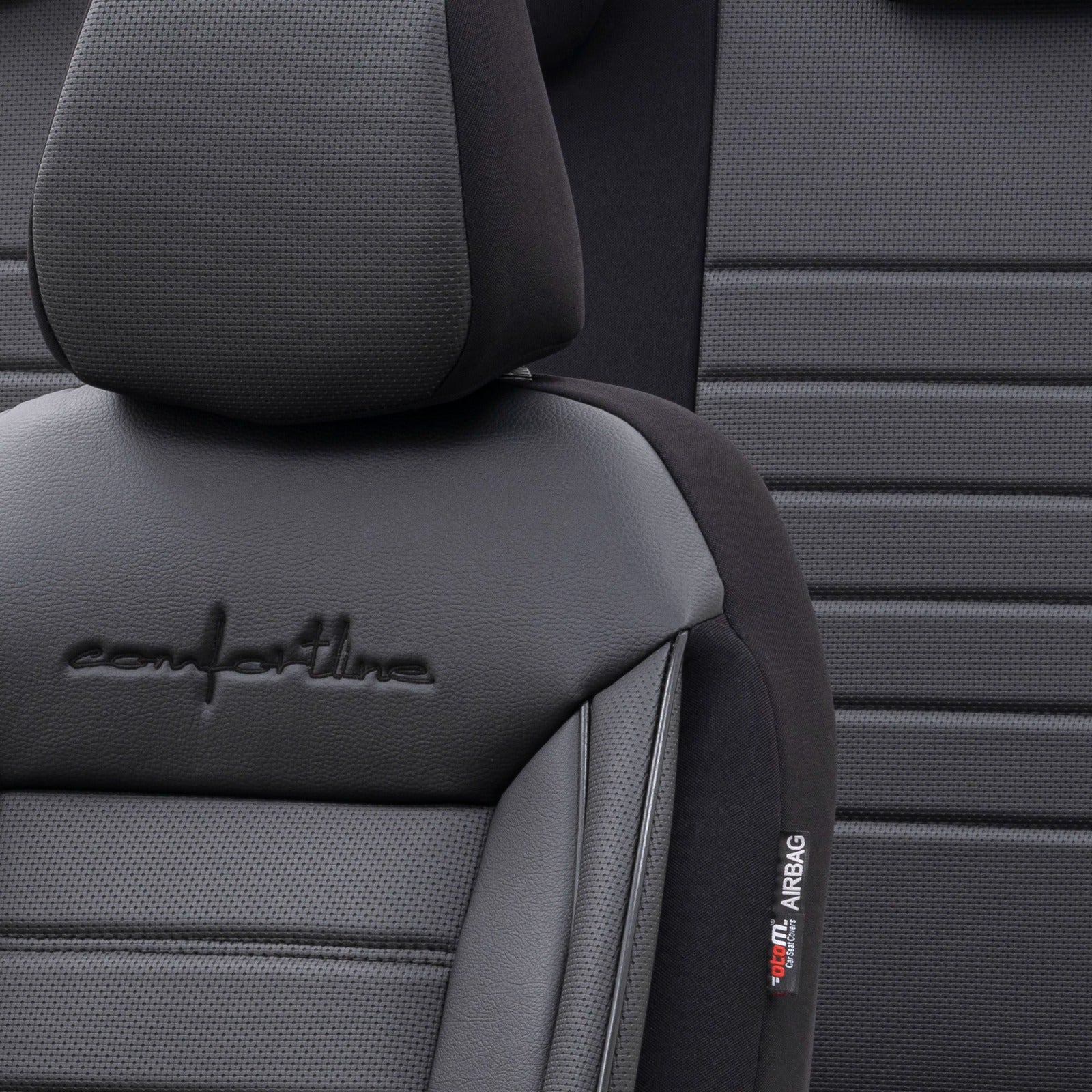 Комплект Луксозна Тапицерия OTOM текстил с еко кожа COMFORT LINE Design – Черна с черен шев, за Предни и Задни Седалки