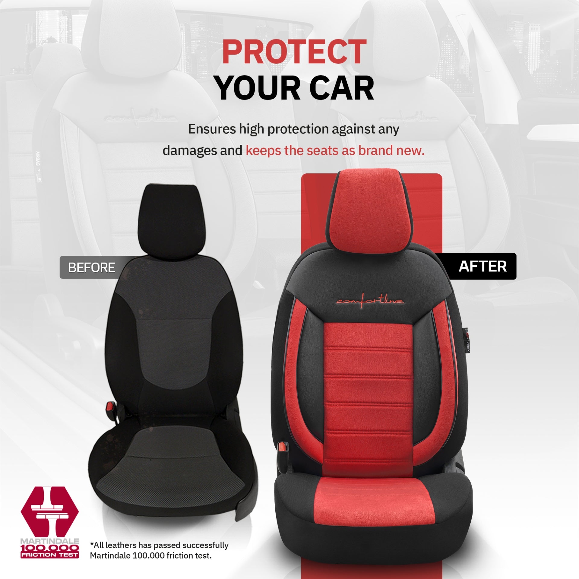 Комплект Луксозна Тапицерия OTOM текстил с еко кожа COMFORT LINE Design – Червено-Черна с червен шев, за Предни и Задни Седалки