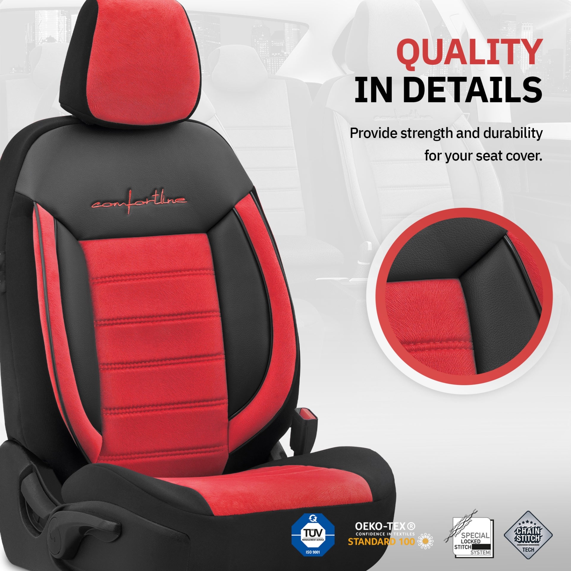 Комплект Луксозна Тапицерия OTOM текстил с еко кожа COMFORT LINE Design – Червено-Черна с червен шев, за Предни и Задни Седалки