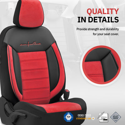 Комплект Луксозна Тапицерия OTOM текстил с еко кожа COMFORT LINE Design – Червено-Черна с червен шев, за Предни и Задни Седалки