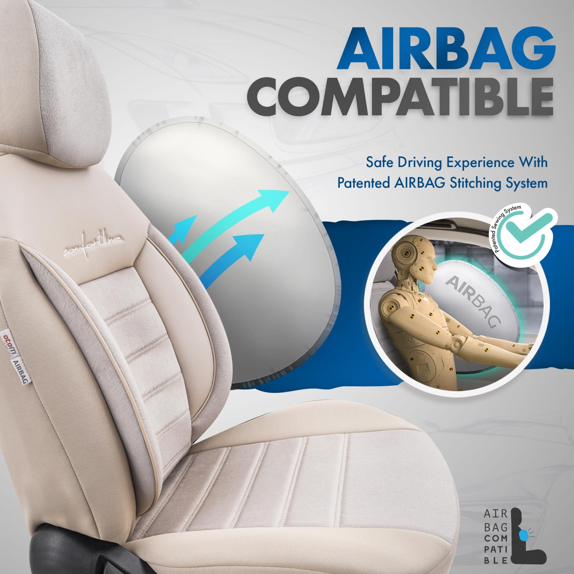 Комплект Луксозна Тапицерия OTOM текстил с еко кожа COMFORT LINE Design – Бежова с бежов шев, за Предни и Задни Седалки