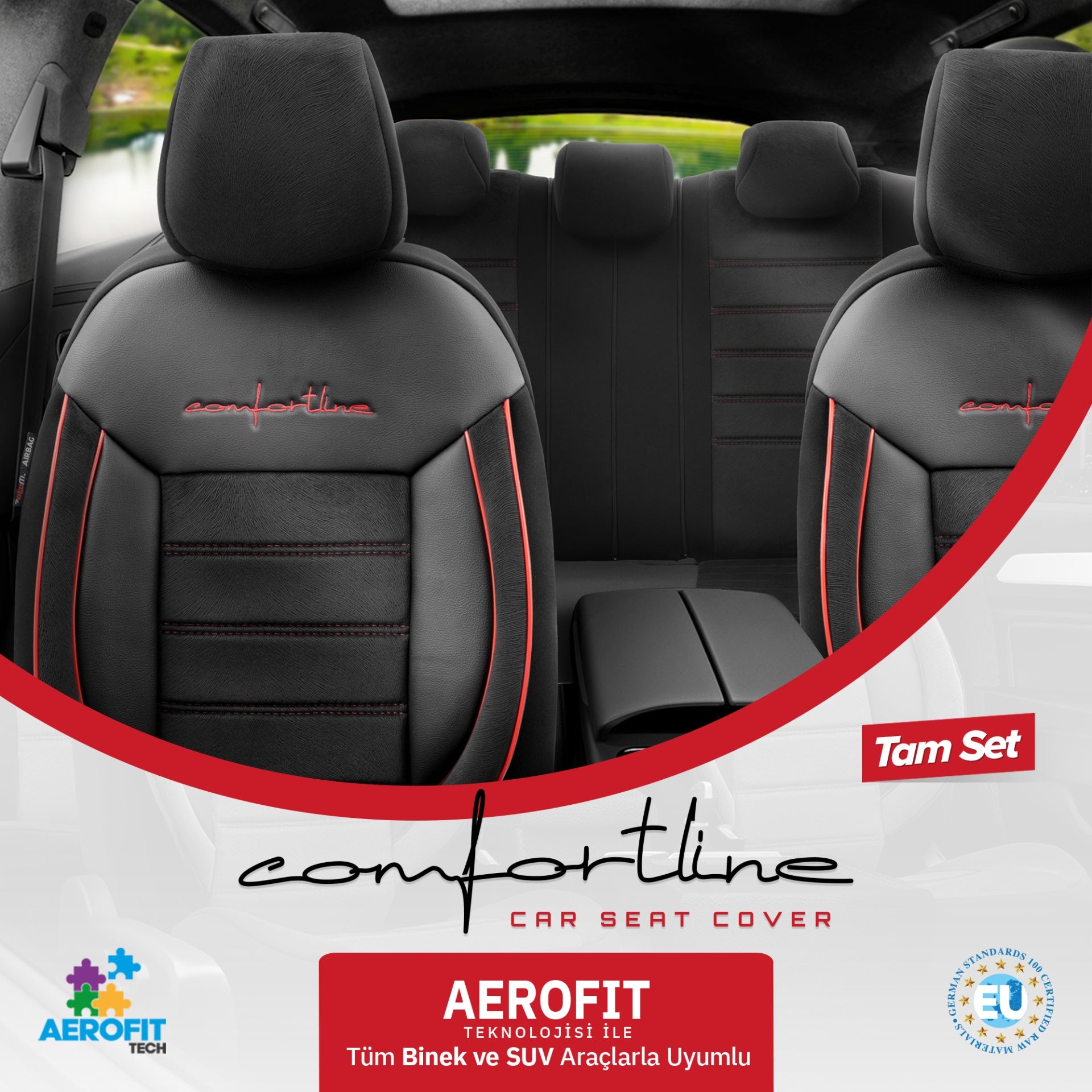 Комплект Луксозна Тапицерия OTOM текстил с еко кожа COMFORT LINE Design – Черна с червен шев, за Предни и Задни Седалки