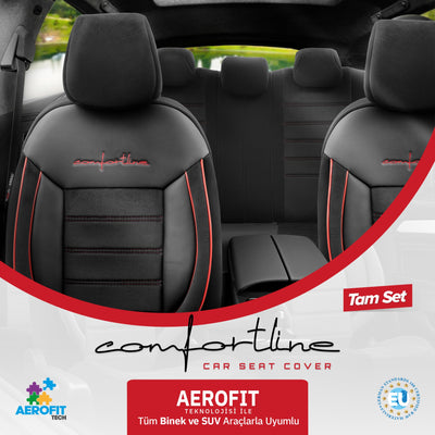 Комплект Луксозна Тапицерия OTOM текстил с еко кожа COMFORT LINE Design – Черна с червен шев, за Предни и Задни Седалки