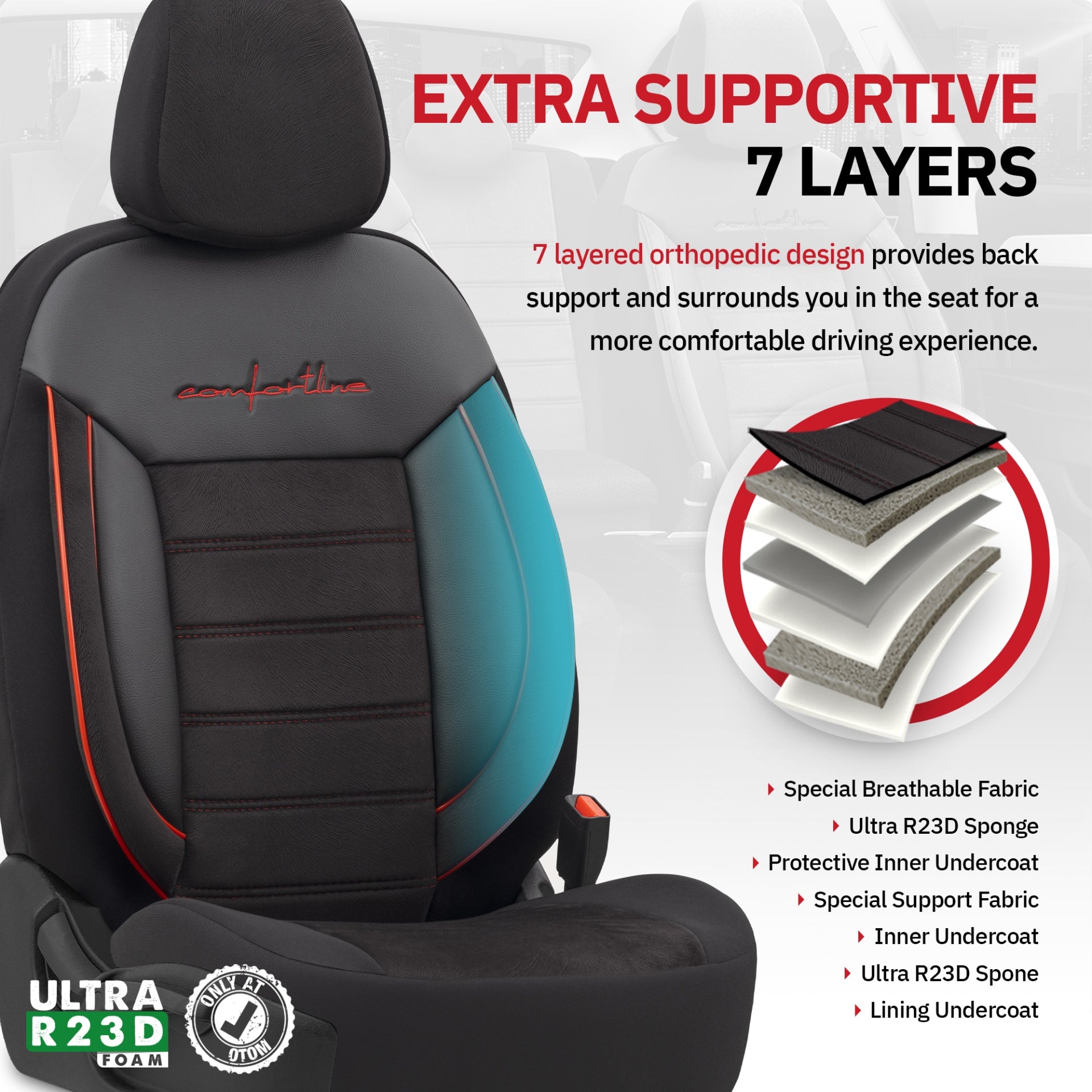 Комплект Луксозна Тапицерия OTOM текстил с еко кожа COMFORT LINE Design – Черна с червен шев, за Предни и Задни Седалки