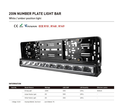 Рамка за Номер с Вграден LED Бар 20 51cm 12v 24v Бяла и Оранжева Дневна DRL Габаритна Светлина