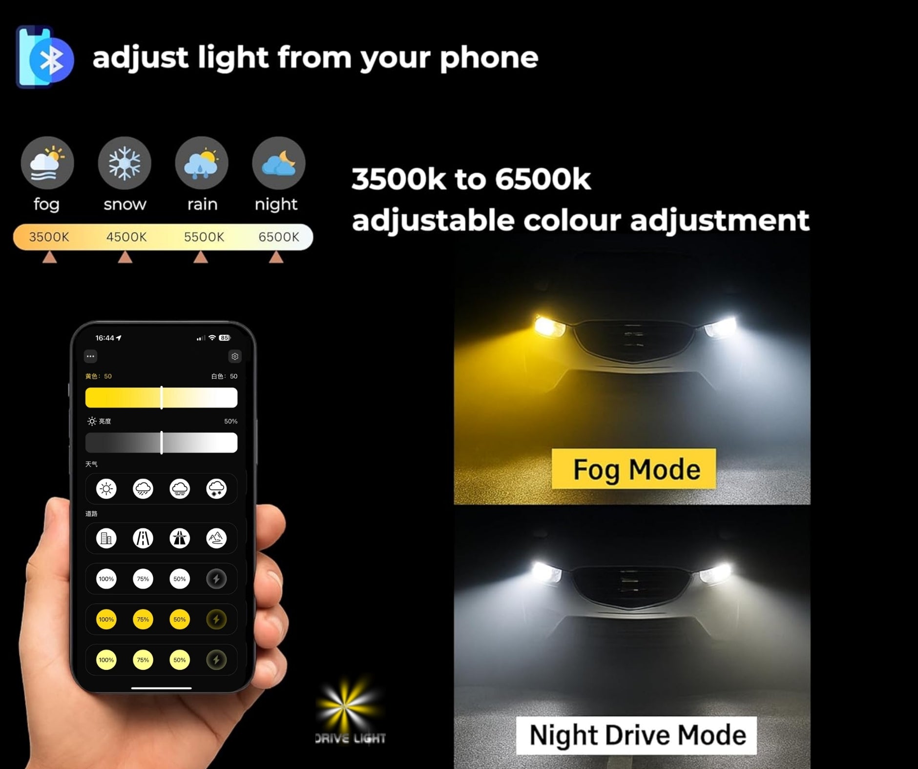 Комплект Smart LED крушки H7 – Два цвята, CSP Dual Color 3500K – 6500K, Bluetooth приложение, CANBUS, 70W, 12–24V