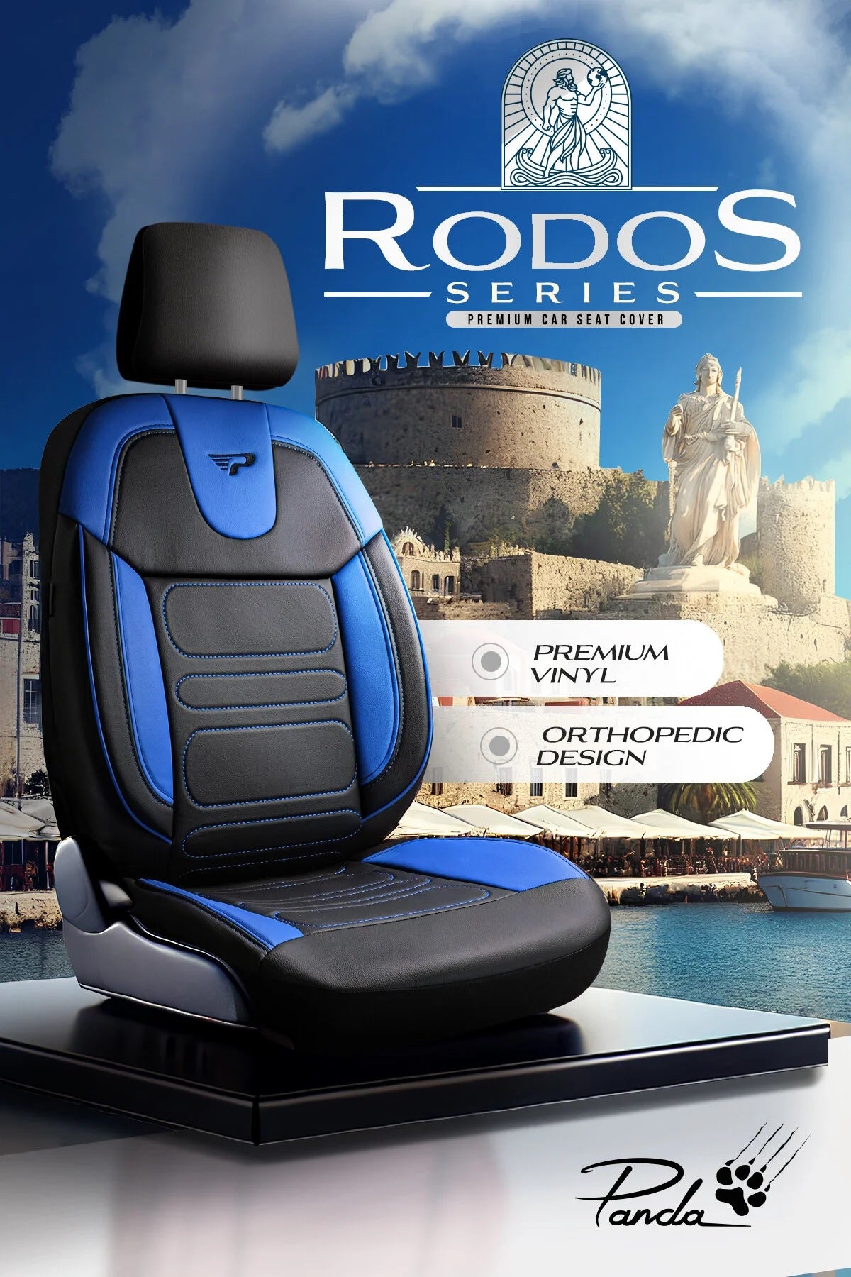 Комплект луксозна универсална тапицерия PANDA RODOS – Еко кожа, Черно/Синьо, За предни и задни седалки