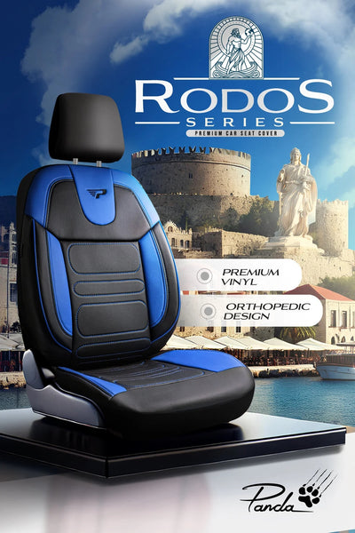 Комплект луксозна универсална тапицерия PANDA RODOS – Еко кожа, Черно/Синьо, За предни и задни седалки