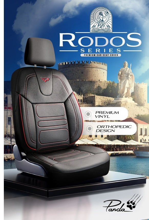 Комплект луксозна универсална тапицерия PANDA RODOS – Еко кожа, Черно/Червено, За предни и задни седалки