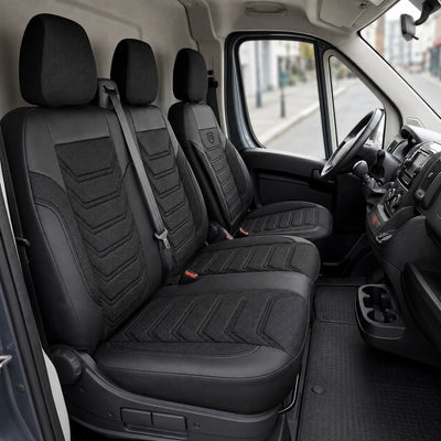 Комплект луксозна тапицерия PANDA за FIAT DUCATO / PEUGEOT BOXER / CITROEN JUMPER 2006-2024, Еко кожа и текстил, Черно/Сиво
