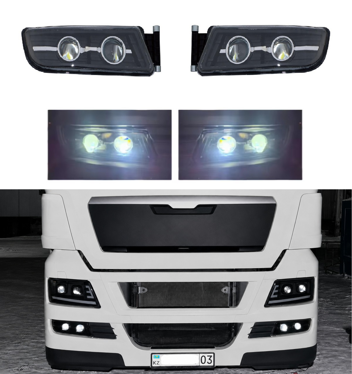 Комплект LED Халогени за мъгла с Дълги Светлини за MAN TGX / TGS / TGL 24V – Двойни лупи OEM 81251016521 / 81251016522