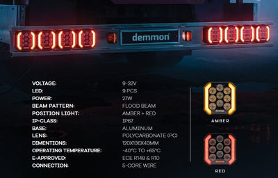 LED Стоп-Халоген Demmon 6 27W E-MARK (ECE R148/R10) IP67, 9-32V Разпръсната светлина, Червен Стоп /Габарит и Динамичен Оранжев Мигач