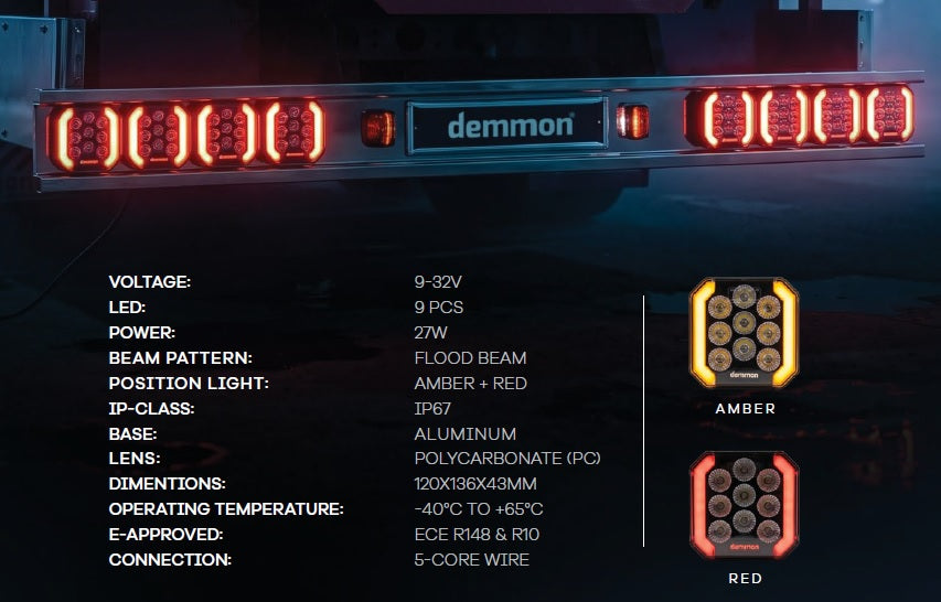 LED Стоп-Халоген Demmon 6 27W E-MARK (ECE R148/R10) IP67, 9-32V Разпръсната светлина, Червен Стоп /Габарит и Динамичен Оранжев Мигач