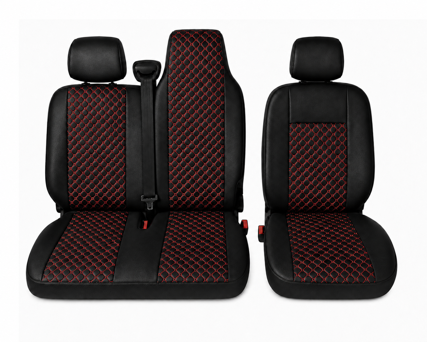 Комплект 2+1 Тапицерия за RENAULT MASTER III 2010-2019 – Еко кожа, Черна с червен шев, 6 части