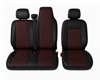 Комплект 2+1 Тапицерия за RENAULT MASTER III 2010-2019 – Еко кожа, Черна с червен шев, 6 части